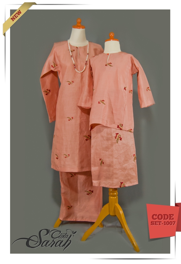  Baju  Kurung  Ibu Anak Orange  Cotton Linen Embroidery Set 
